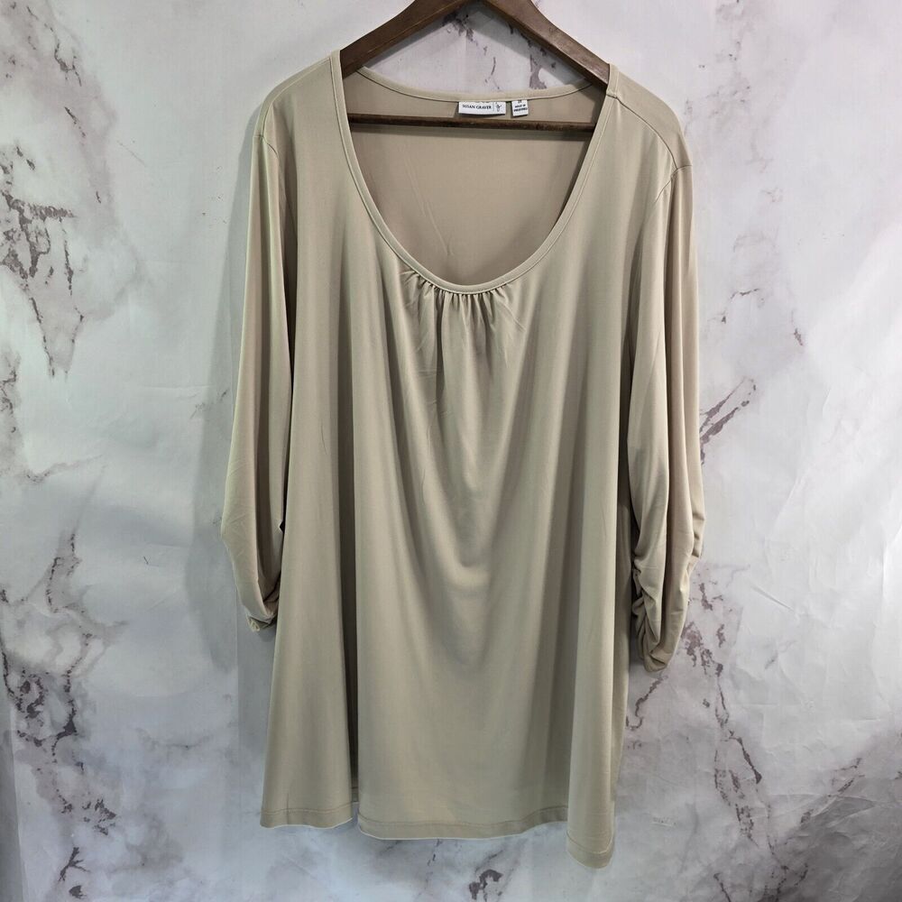 Susan Graver Shirt Womens 3X Nude Tan Neutral Beige Stretch Blouse Ruched